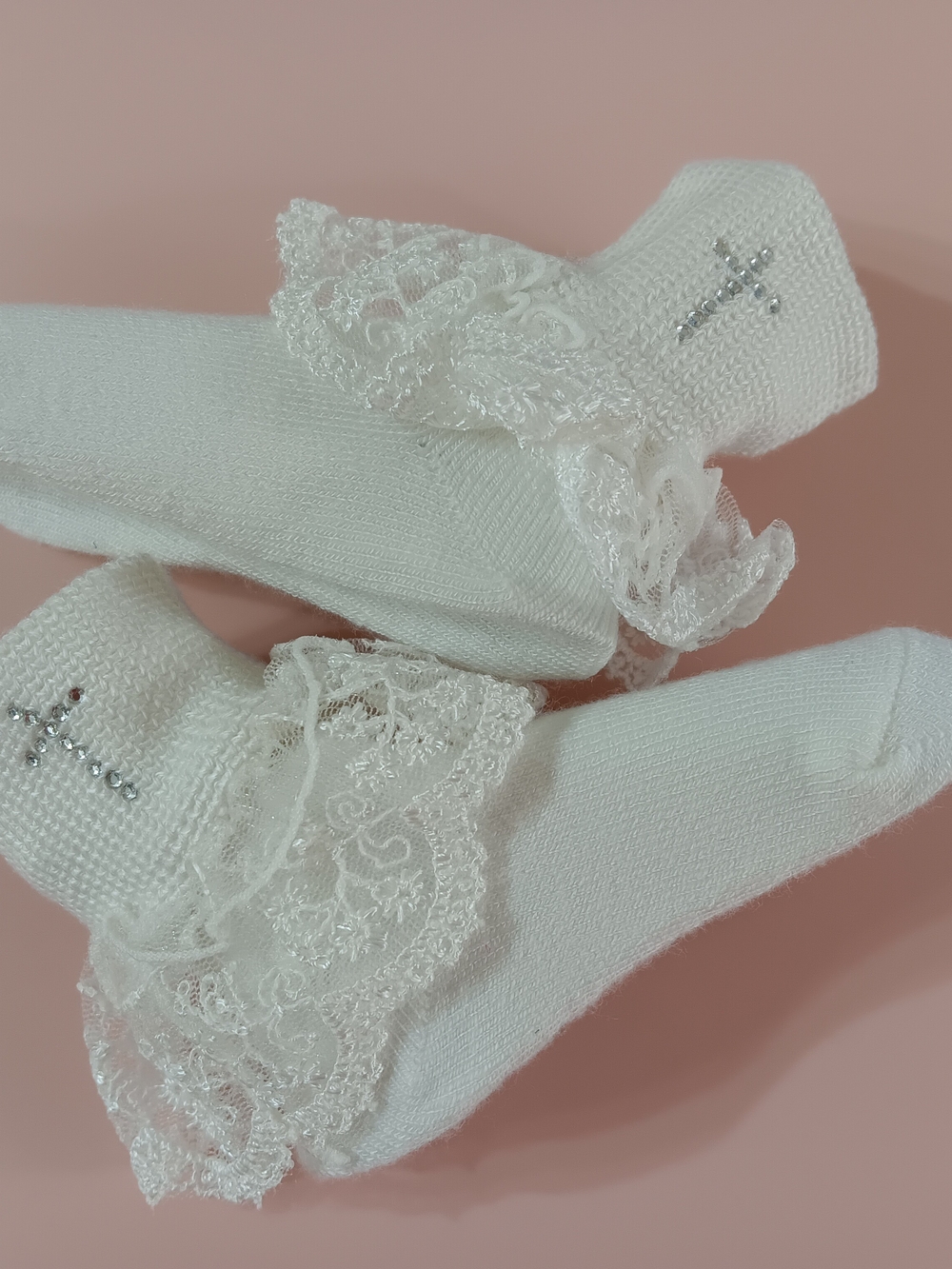 White Lace Ruffle Ankle Socks with Crystal Cross